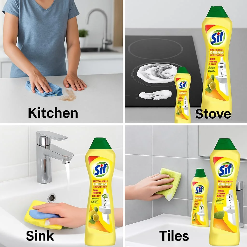 کرم تمیز کننده سطوح Swish Super Sif، لیمو، 4 عدد 500 میلی لیتری، با فناوری میکرو کریستال، از بین برنده چربی، مواد غذایی سوخته و لکه های آهک