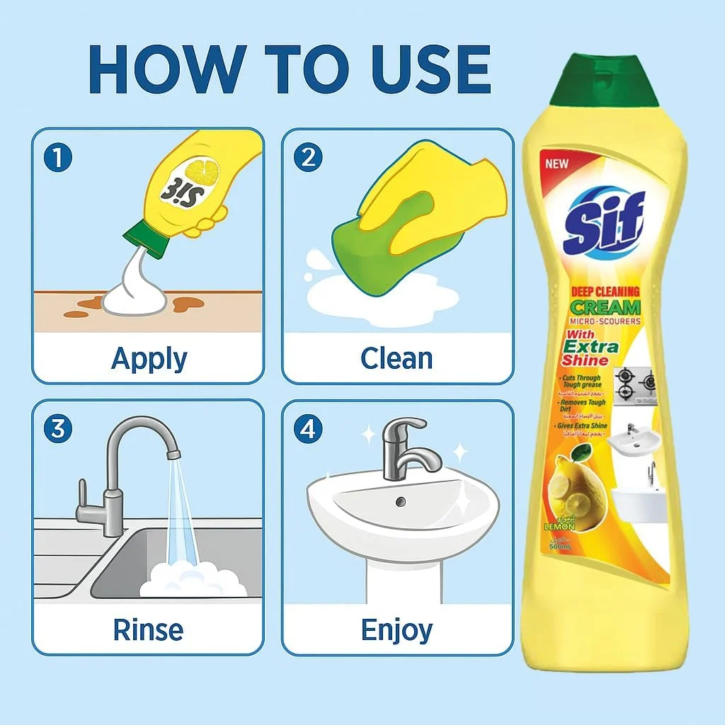 کرم تمیز کننده سطوح Swish Super Sif، لیمو، 4 عدد 500 میلی لیتری، با فناوری میکرو کریستال، از بین برنده چربی، مواد غذایی سوخته و لکه های آهک
