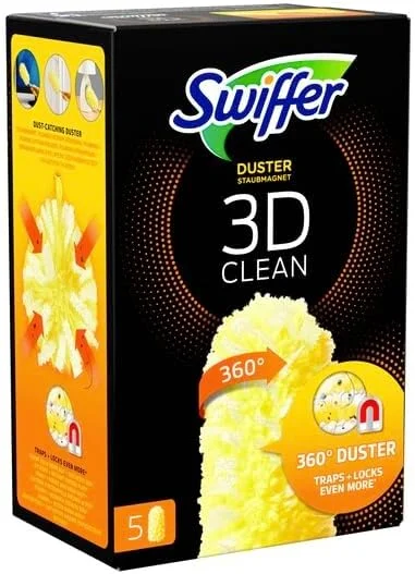 پدهای گردگیری سه بعدی Swiffer Duster، بسته 30 عددی (6 بسته 5 عددی)، الیاف 360 درجه برای جذب و نگهداری گرد و غبار، بهتر از گردگیرهای معمولی، دسته جداگانه به فروش می رسد