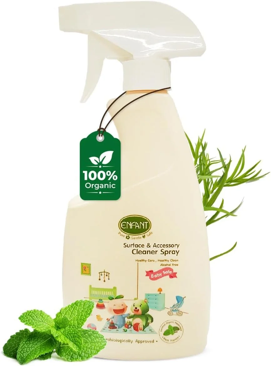 اسپری پاک کننده سطوح و لوازم کودک ارگانیک ENFANT، پاک کننده چند منظوره 500 میلی لیتری برای اسباب بازی ها، اتاق کودک، صندلی های غذا، زیراندازها، تخت نوزاد، پنجره ها و موارد دیگر، 100% ترکیبات روغن های ضروری