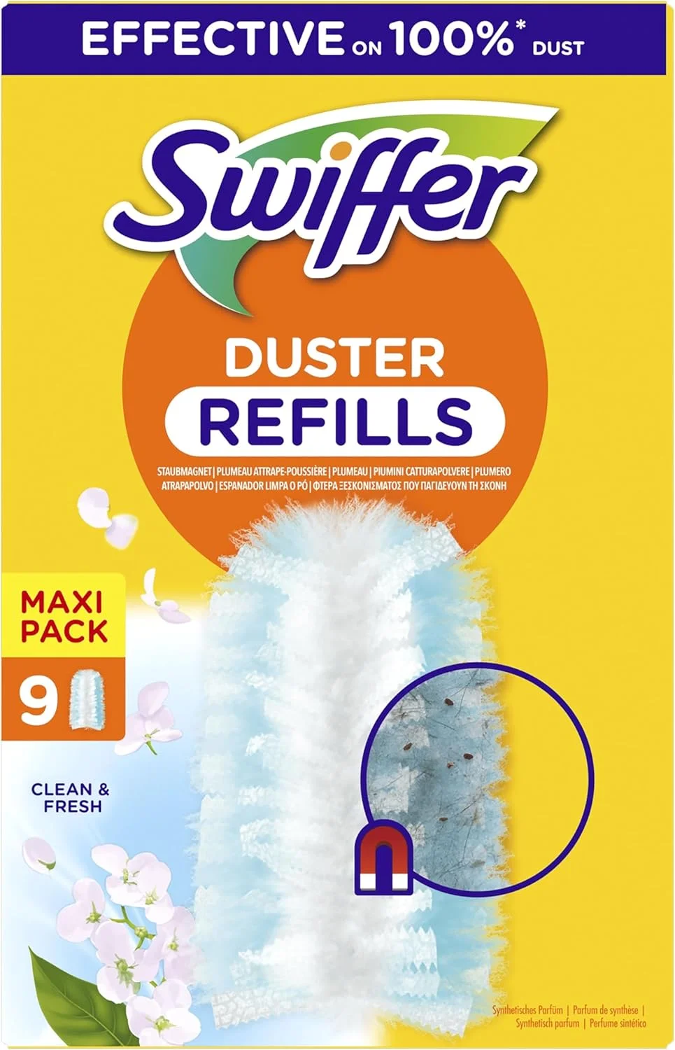 پدهای گردگیری Swiffer Duster، بسته 54 عددی (6 بسته 9 عددی)، جذب و نگهداری گرد و غبار، رایحه Febreze، به دام انداختن و نگهداری گرد و غبار