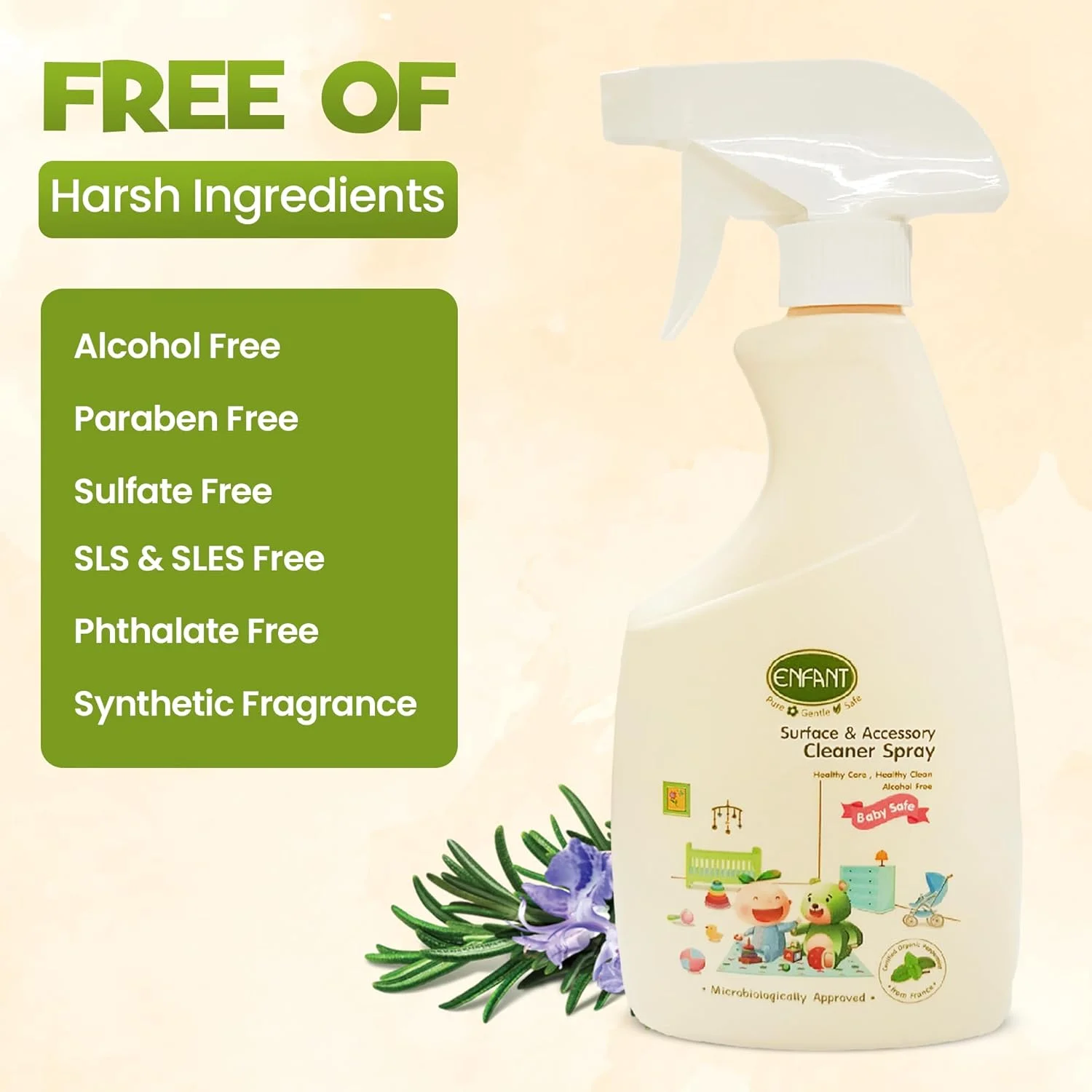 اسپری پاک کننده سطوح و لوازم کودک ارگانیک ENFANT، پاک کننده چند منظوره 500 میلی لیتری برای اسباب بازی ها، اتاق کودک، صندلی های غذا، زیراندازها، تخت نوزاد، پنجره ها و موارد دیگر، 100% ترکیبات روغن های ضروری