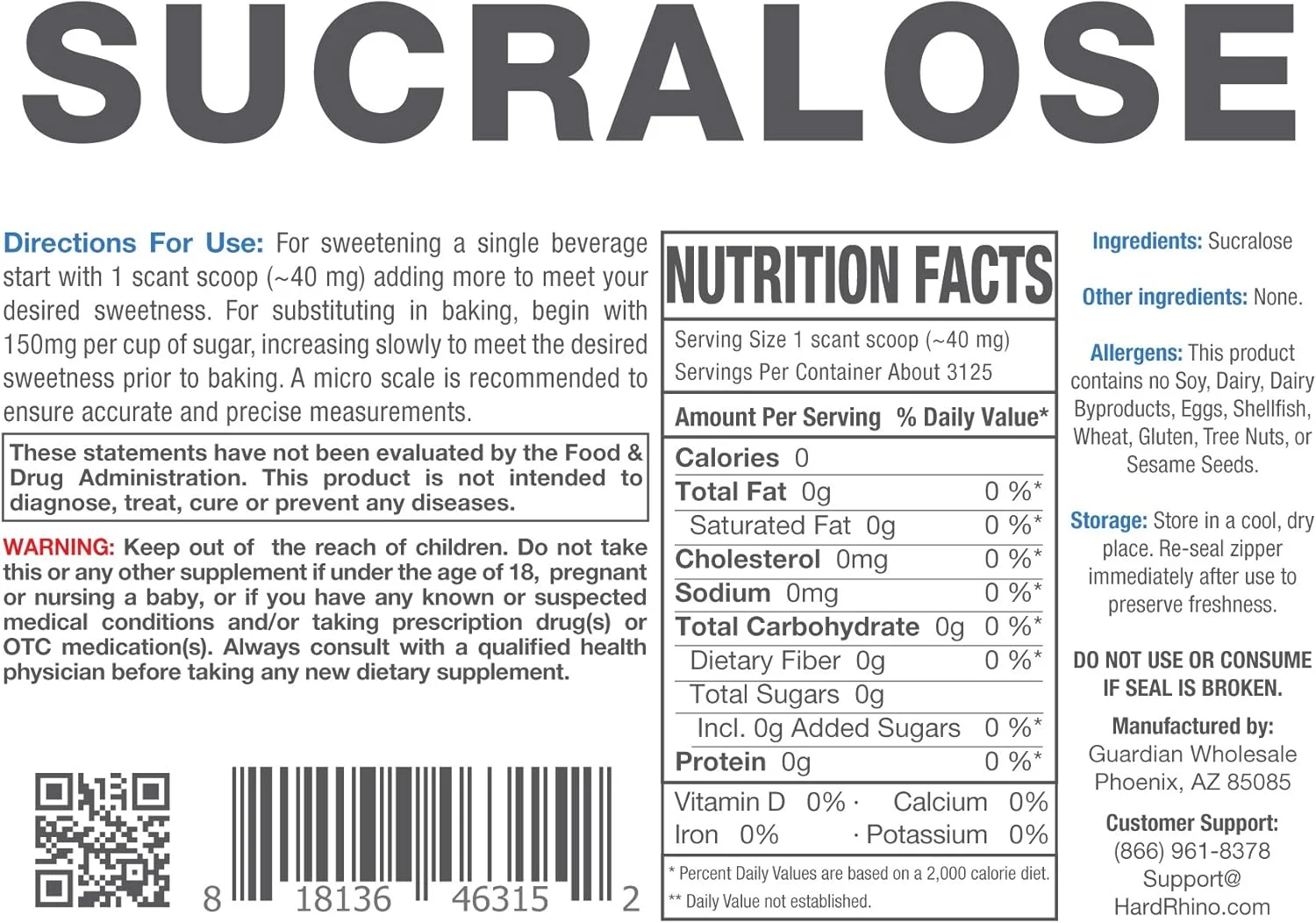 پودر سوکرالوز مکمل های HR | 125 گرم | شیرین کننده بدون کالری و جایگزین شکر کتو | Hard Rhino (125 گرم (4.4 اونس)) پودر سوکرالوز مکمل های HR | 125 گرم | شیرین کننده بدون کالری و جایگزین شکر کتو | Hard Rhino (125 گرم (4.4 اونس))