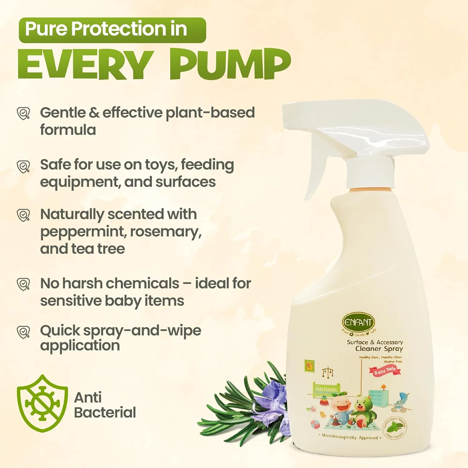 اسپری پاک کننده سطوح و لوازم کودک ارگانیک ENFANT، پاک کننده چند منظوره 500 میلی لیتری برای اسباب بازی ها، اتاق کودک، صندلی های غذا، زیراندازها، تخت نوزاد، پنجره ها و موارد دیگر، 100% ترکیبات روغن های ضروری
