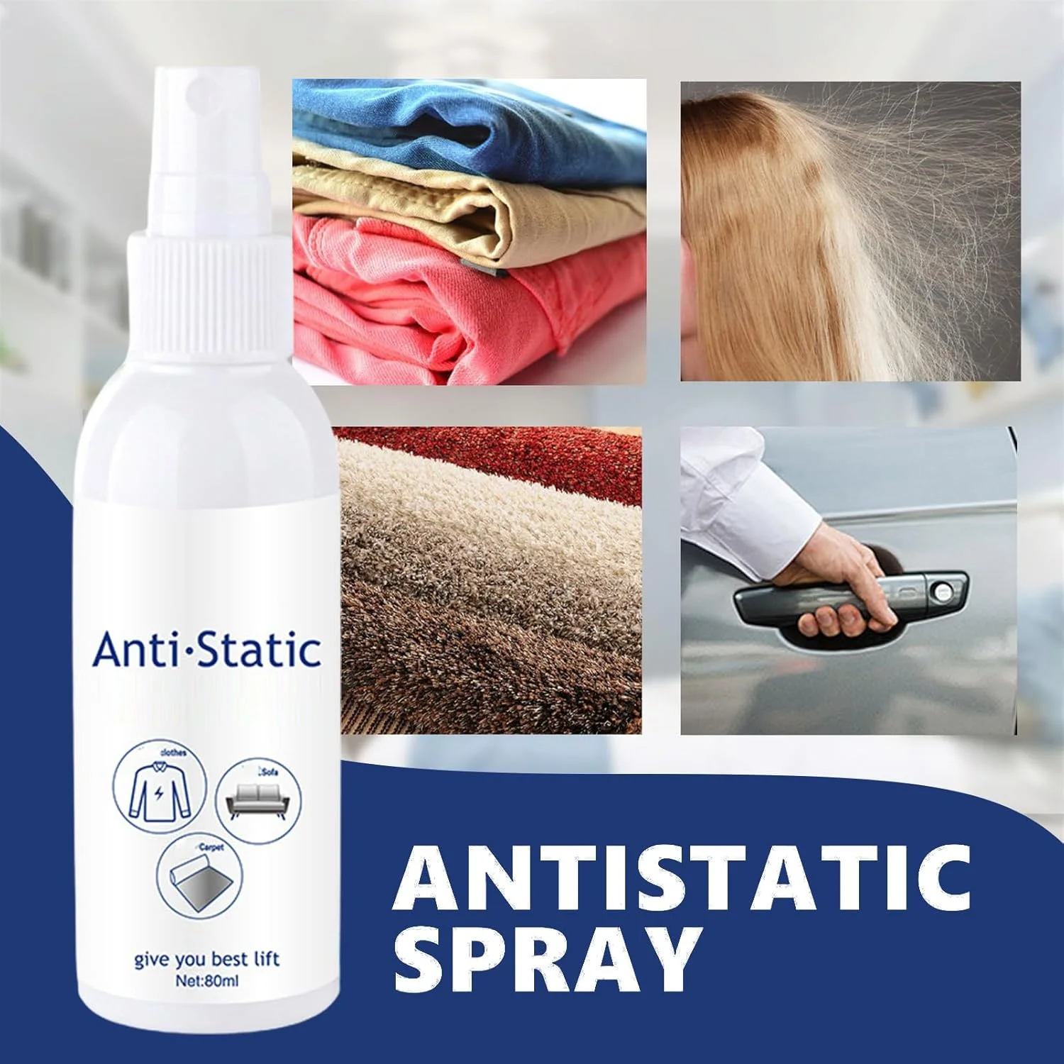 اسپری استاتیک - اسپری 80 میلی لیتری از بین برنده فوری الکتریسیته ساکن مو | نرم کننده پارچه بدون بو با ماندگاری طولانی، لوازم ضد وز برای ملحفه، لباس های مسافرتی