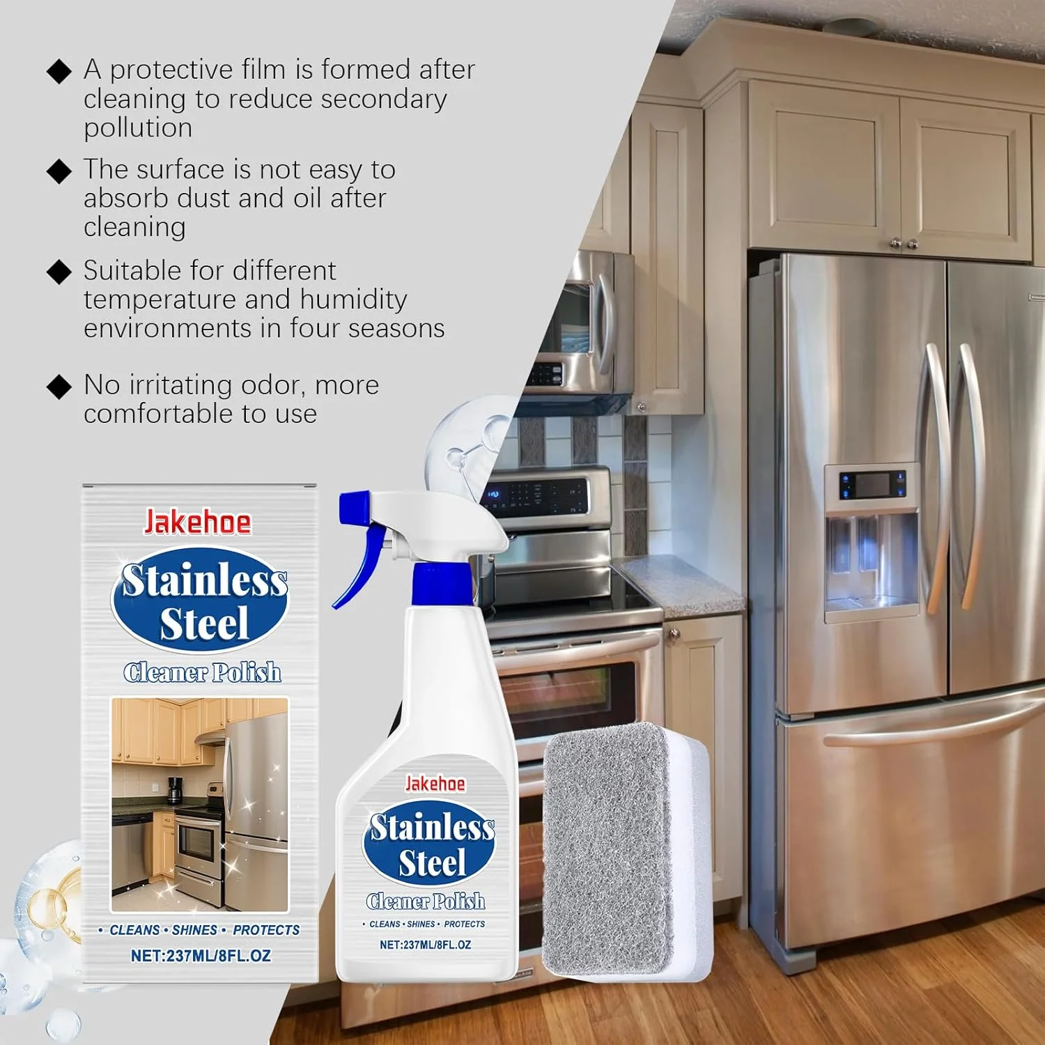 اسپری تمیز کننده استیل ضد زنگ، اسپری تمیز کننده همه منظوره، اسپری ضد عفونی کننده چند منظوره، تمیز کننده آشپزخانه و حمام، دستمال اسفنجی، از بین برنده اثر انگشت و جرم و کثیفی بدون کدر کردن