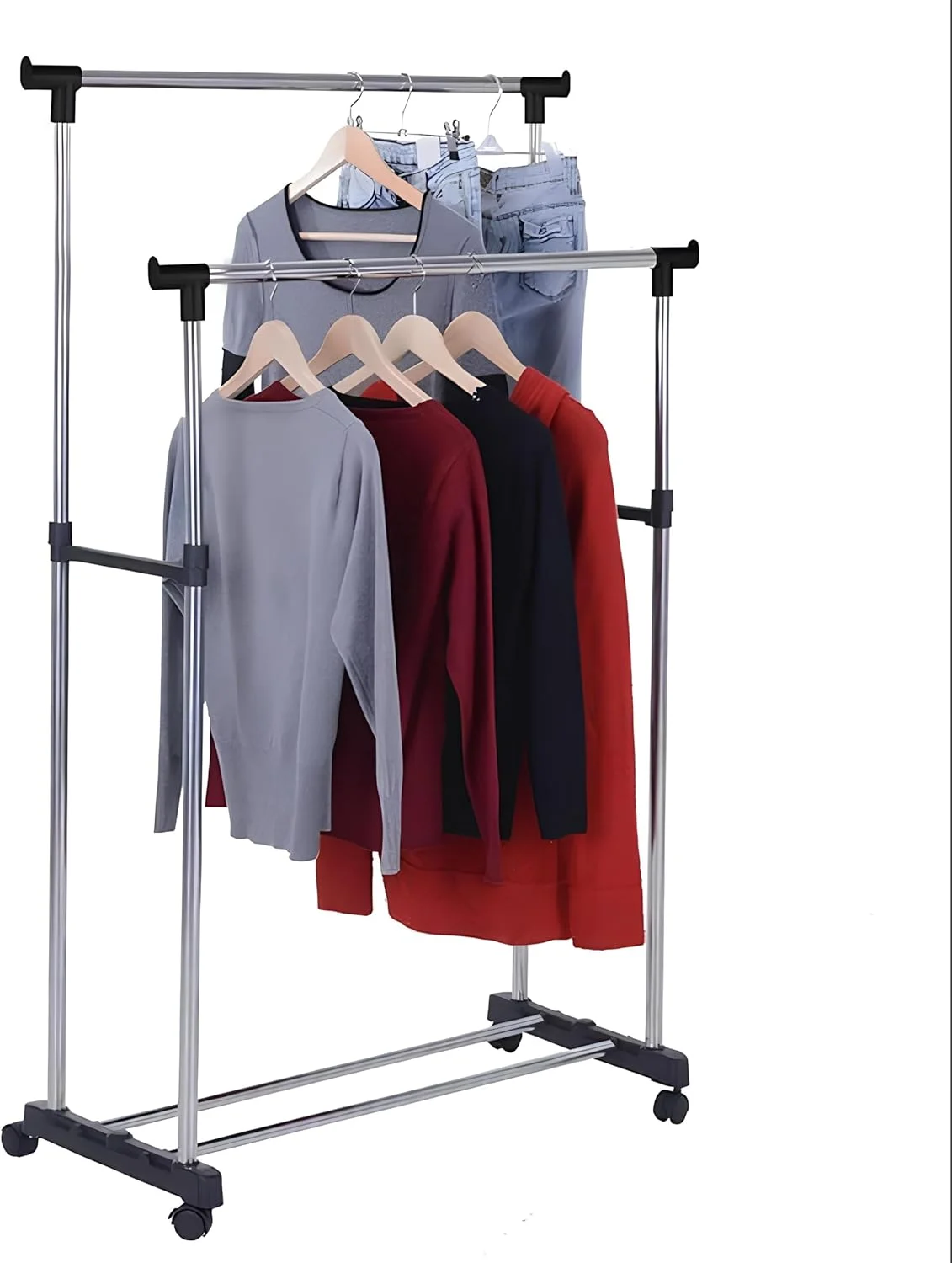 رگال لباس دو میله استیل ضد زنگ قابل حمل ORRID | آویز لباس و پوشاک تاشو | پایه خشک کن لباس و ویترین با چرخ برای داخل و خارج از منزل (رگال دو میله).