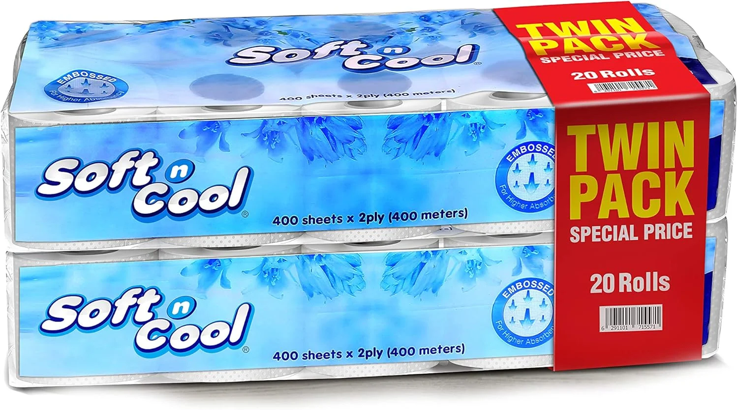 دستمال توالت سافت اند کول، بسیار جاذب، استریل شده و قوی، بسته دوقلو، 400 برگ 2 لایه، 20 رول