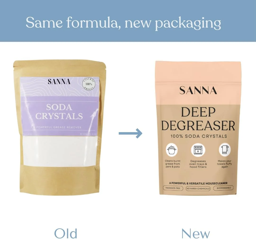 کریستال های سودا SANNA DEEP DEGREASER - خاکستر سودا شستشوی خالص - چربی زدای قوی و تقویت کننده مواد شوینده طبیعی - تمیز کننده اجاق گاز، هود و آشپزخانه - بدون عطر - ساخت امارات متحده عربی - کیسه سازگار با محیط زیست 400 گرمی
