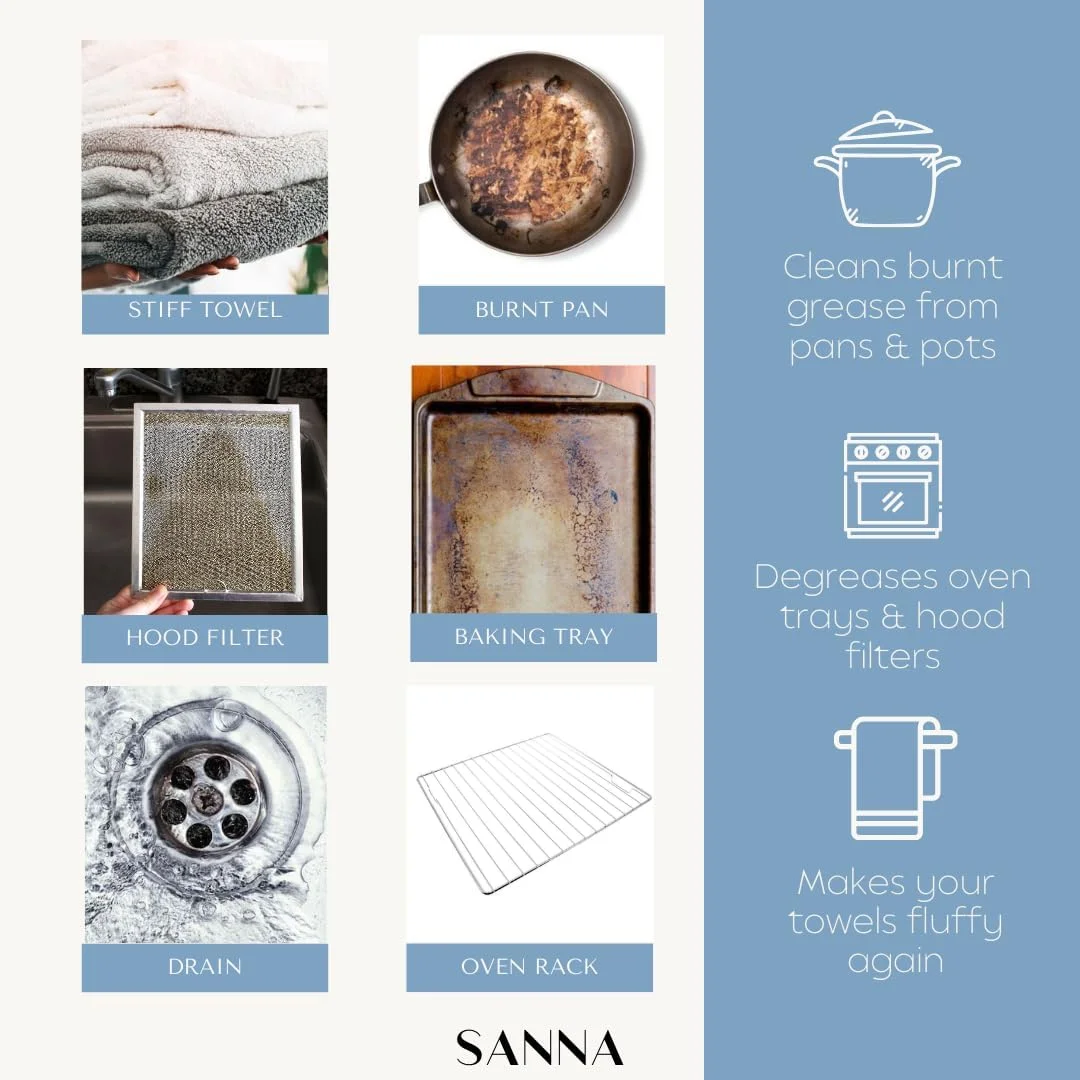 کریستال های سودا SANNA DEEP DEGREASER - خاکستر سودا شستشوی خالص - چربی زدای قوی و تقویت کننده مواد شوینده طبیعی - تمیز کننده اجاق گاز، هود و آشپزخانه - بدون عطر - ساخت امارات متحده عربی - کیسه سازگار با محیط زیست 400 گرمی