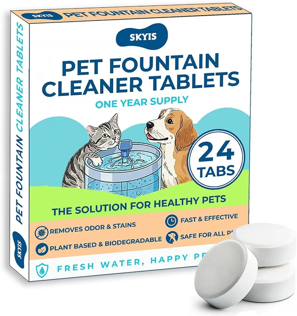 قرص های تمیز کننده فواره حیوانات خانگی Skyis بسته 24 عددی، از بین برنده لکه ها، رسوبات و تجمع مواد معدنی، حفظ جریان آب و مراقبت از فواره، فرمول سریع و آسان