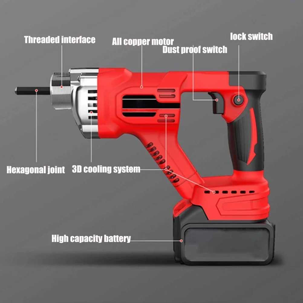 ویبراتور بتن برقی YIGECHENXIN، ویبراتور بتن شارژی 450 واتی با شفت انعطاف پذیر سخت شده در دمای بالا، موتور براشلس 21 ولتی، قابلیت حذف حباب های هوا و مخلوط کردن بتن