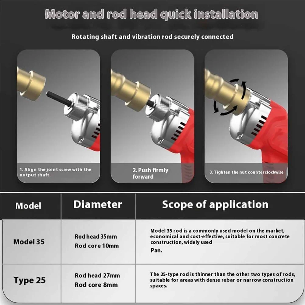 ویبراتور بتن برقی YIGECHENXIN، ویبراتور بتن شارژی 450 واتی با شفت انعطاف پذیر سخت شده در دمای بالا، موتور براشلس 21 ولتی، قابلیت حذف حباب های هوا و مخلوط کردن بتن