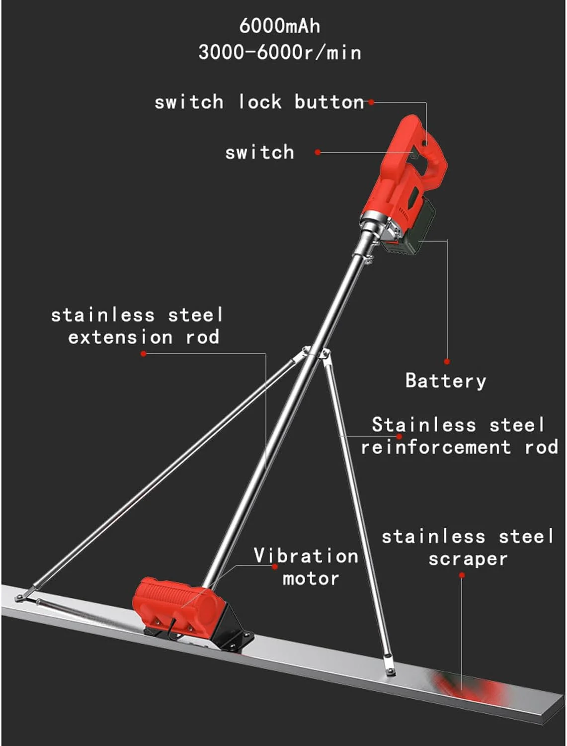 ماله برقی ویبره بتن، ابزار بتن خراش بی سیم 6000 دور در دقیقه، تراز کننده کف با تخته 1.5 متری، تراز کننده بتن ارتعاشی با فرکانس بالا با میله اکستنشن، برای جاده، سایت ساخت و ساز