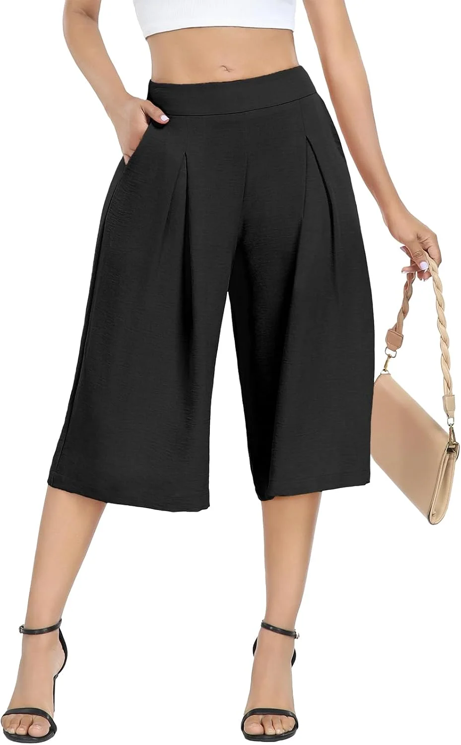 DILIUXING شلوار کاپری زنانه گشاد با جیب، سبک وزن و کمر بلند DILIUXING شلوار کاپری زنانه گشاد با جیب، سبک وزن و کمر بلند