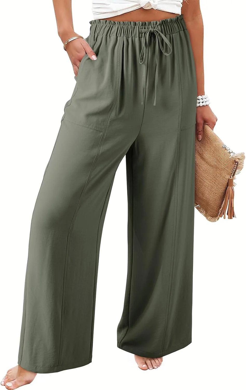 شلوار زنانه گشاد Dokotoo، شلوار ساحلی غیر رسمی، شلوار پالازو بند دار کمر بلند با جیب شلوار زنانه گشاد Dokotoo، شلوار ساحلی غیر رسمی، شلوار پالازو بند دار کمر بلند با جیب