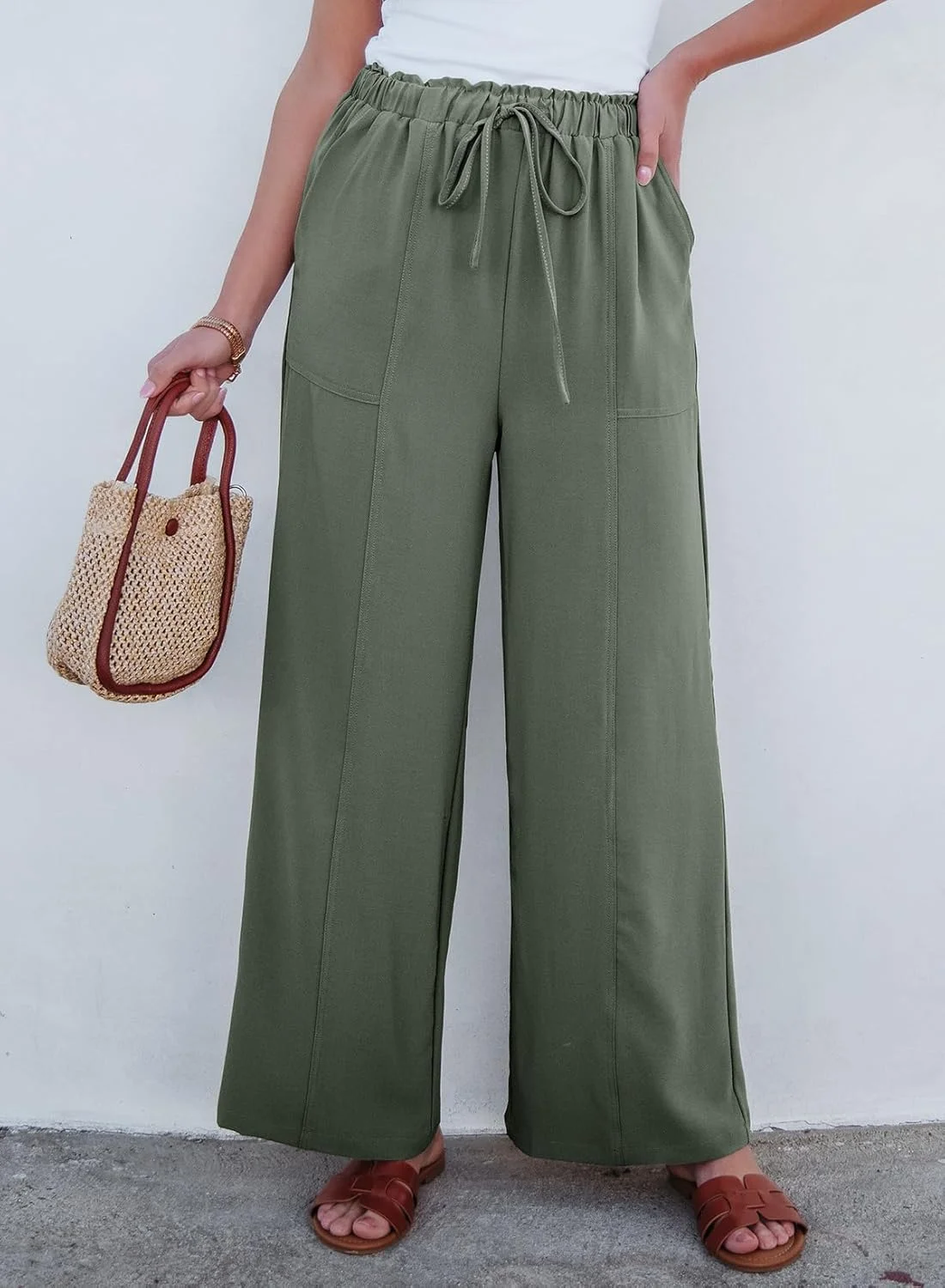 شلوار زنانه گشاد Dokotoo، شلوار ساحلی غیر رسمی، شلوار پالازو بند دار کمر بلند با جیب شلوار زنانه گشاد Dokotoo، شلوار ساحلی غیر رسمی، شلوار پالازو بند دار کمر بلند با جیب
