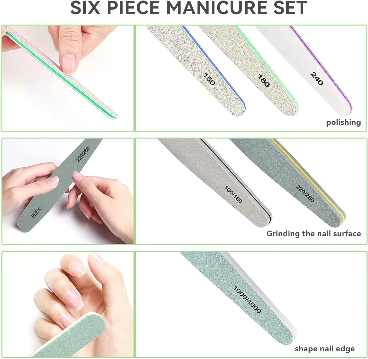 ست سوهان ناخن JZS، سوهان بافر ناخن حرفه ای، بلوک سوهان دو طرفه طبیعی و قابل استفاده مجدد، پولیش ناخن برای مانیکور و پدیکور، ست 6 عددی