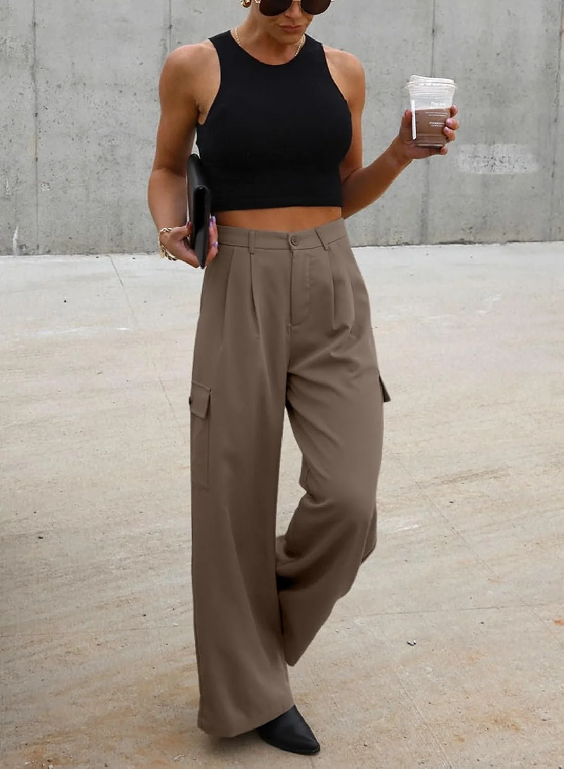 شلوار کارگو زنانه Dokotoo، شلوار کار، شلوار زنانه پاچه گشاد سایز بزرگ، شلوار ترندی کمر بلند زنانه، شلوار چهارخانه ریز، لباس های مد پاییزی 2024، شلوار پالازو، شلوار کار قهوه ای تیره