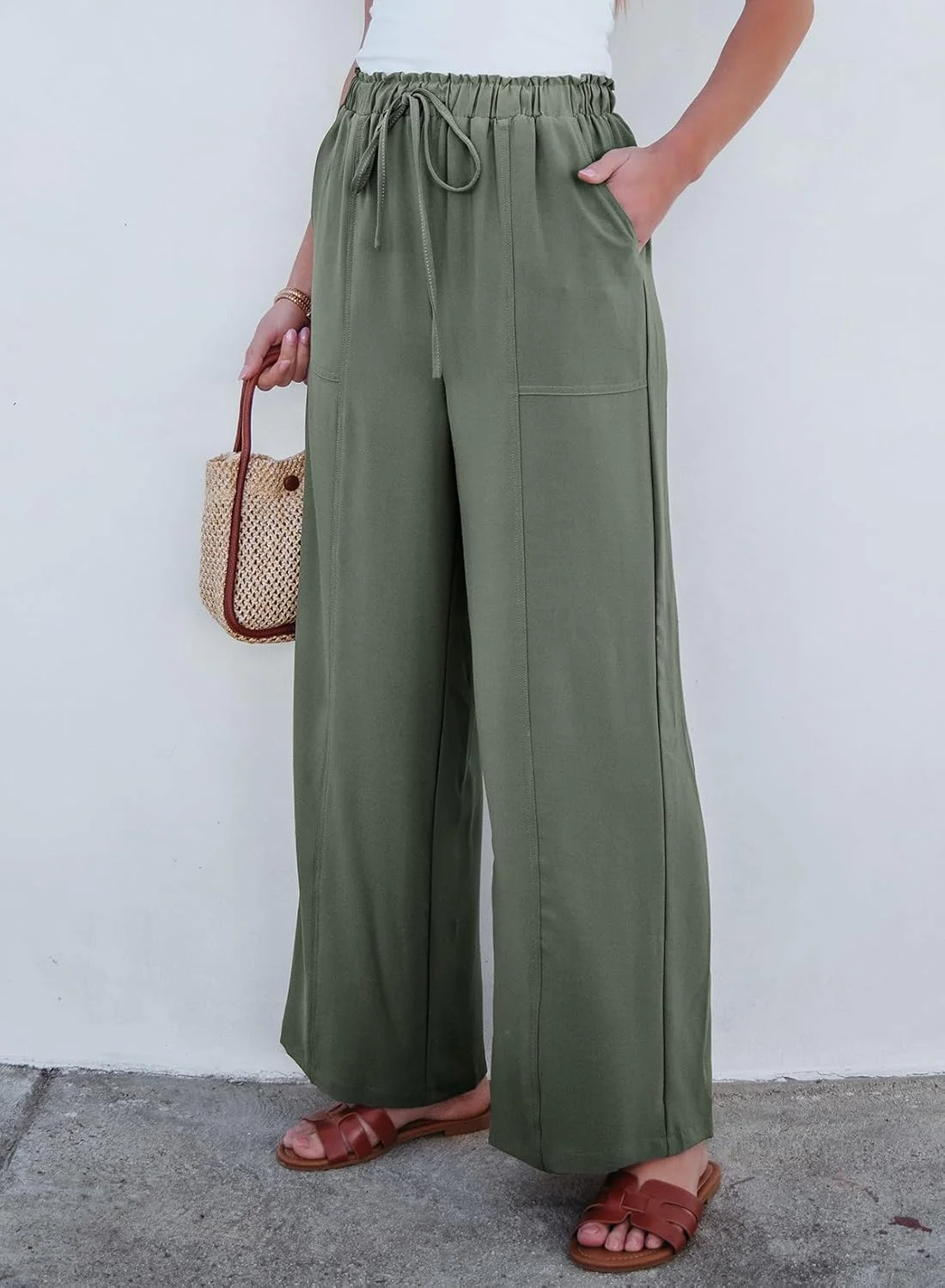 شلوار زنانه گشاد Dokotoo، شلوار ساحلی غیر رسمی، شلوار پالازو بند دار کمر بلند با جیب شلوار زنانه گشاد Dokotoo، شلوار ساحلی غیر رسمی، شلوار پالازو بند دار کمر بلند با جیب
