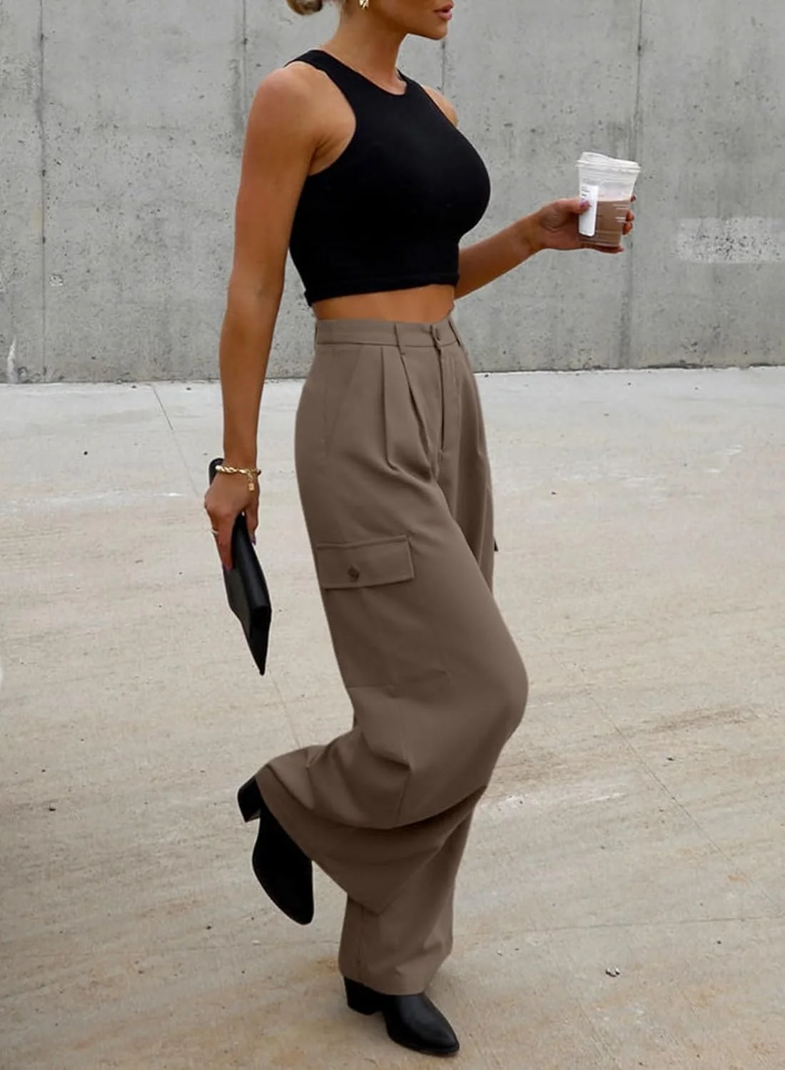 شلوار کارگو زنانه Dokotoo، شلوار کار، شلوار زنانه پاچه گشاد سایز بزرگ، شلوار ترندی کمر بلند زنانه، شلوار چهارخانه ریز، لباس های مد پاییزی 2024، شلوار پالازو، شلوار کار قهوه ای تیره