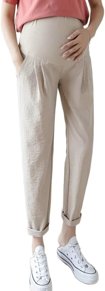 شلوار بارداری کتان و لینن زنانه FaroLy، شلوار جاگر بارداری گشاد و راحت با جیب، لباس کار نرم و فعال (رنگ: بژ، سایز: ایکس لارج)