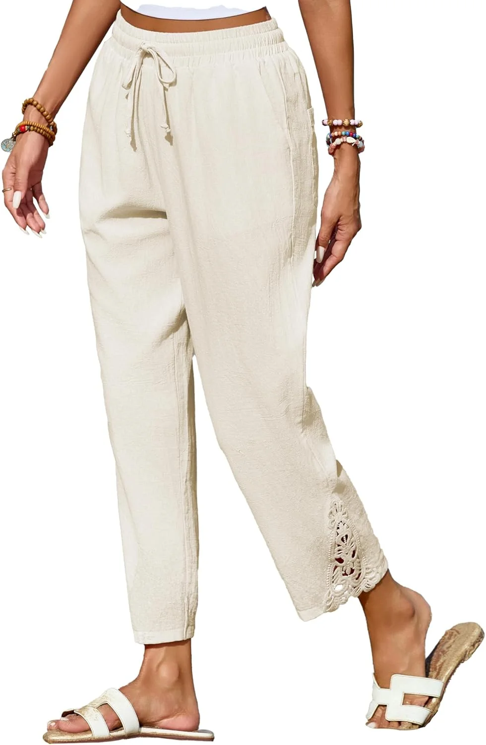 شلوار نخی زنانه Famulily، سبک، راحت، راسته، بند دار، کمر کشی، مناسب ساحل با 4 جیب