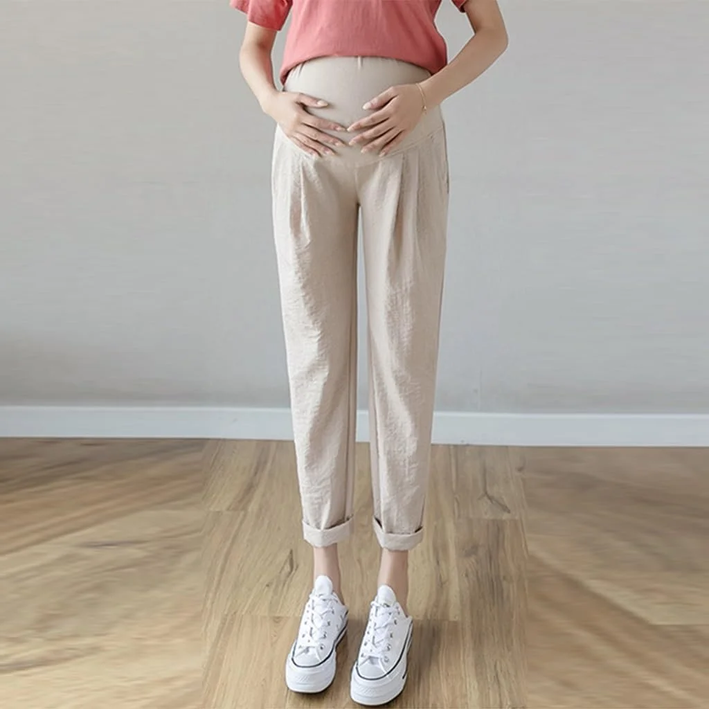 شلوار بارداری کتان و لینن زنانه FaroLy، شلوار جاگر بارداری گشاد و راحت با جیب، لباس کار نرم و فعال (رنگ: بژ، سایز: ایکس لارج)