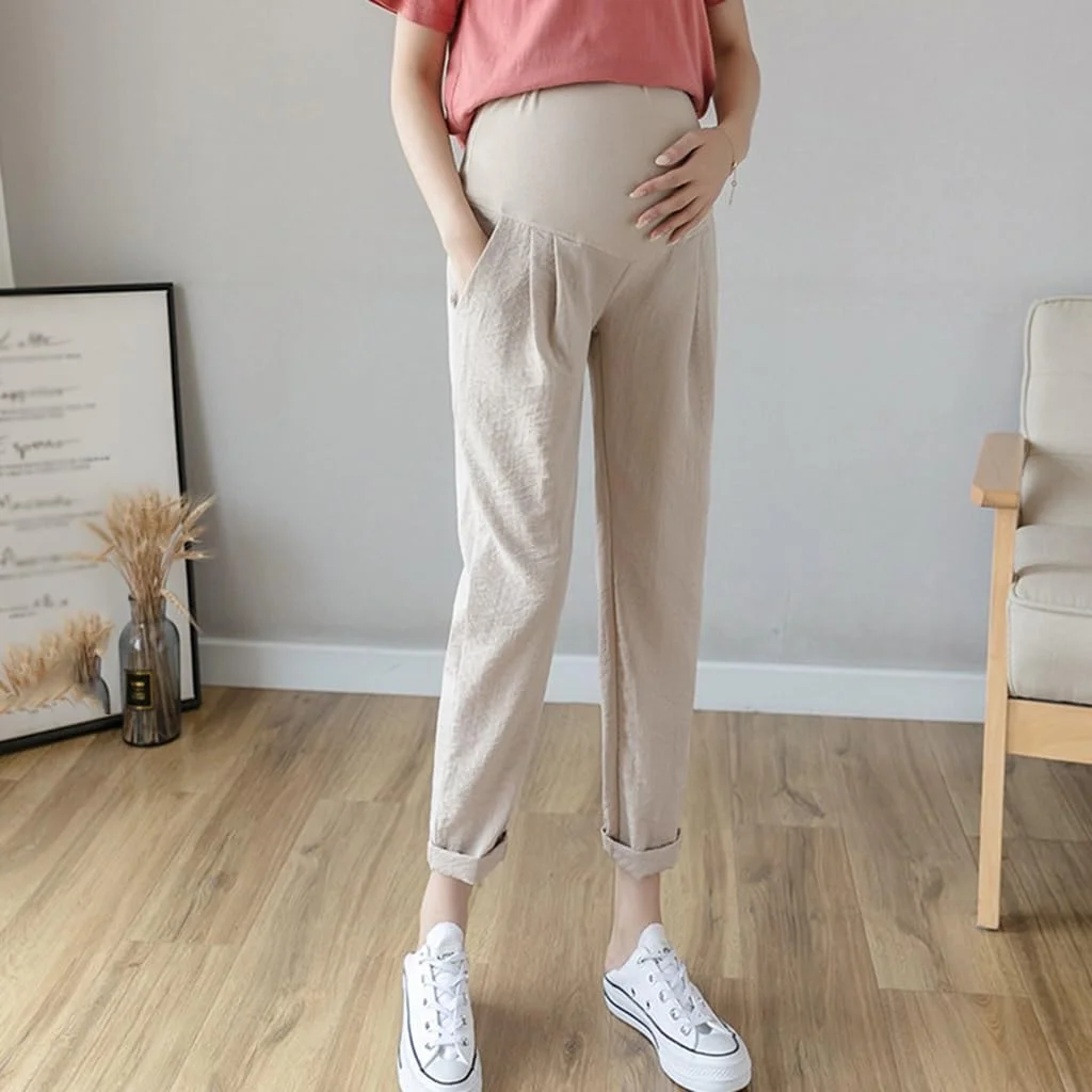 شلوار بارداری کتان و لینن زنانه FaroLy، شلوار جاگر بارداری گشاد و راحت با جیب، لباس کار نرم و فعال (رنگ: بژ، سایز: ایکس لارج)