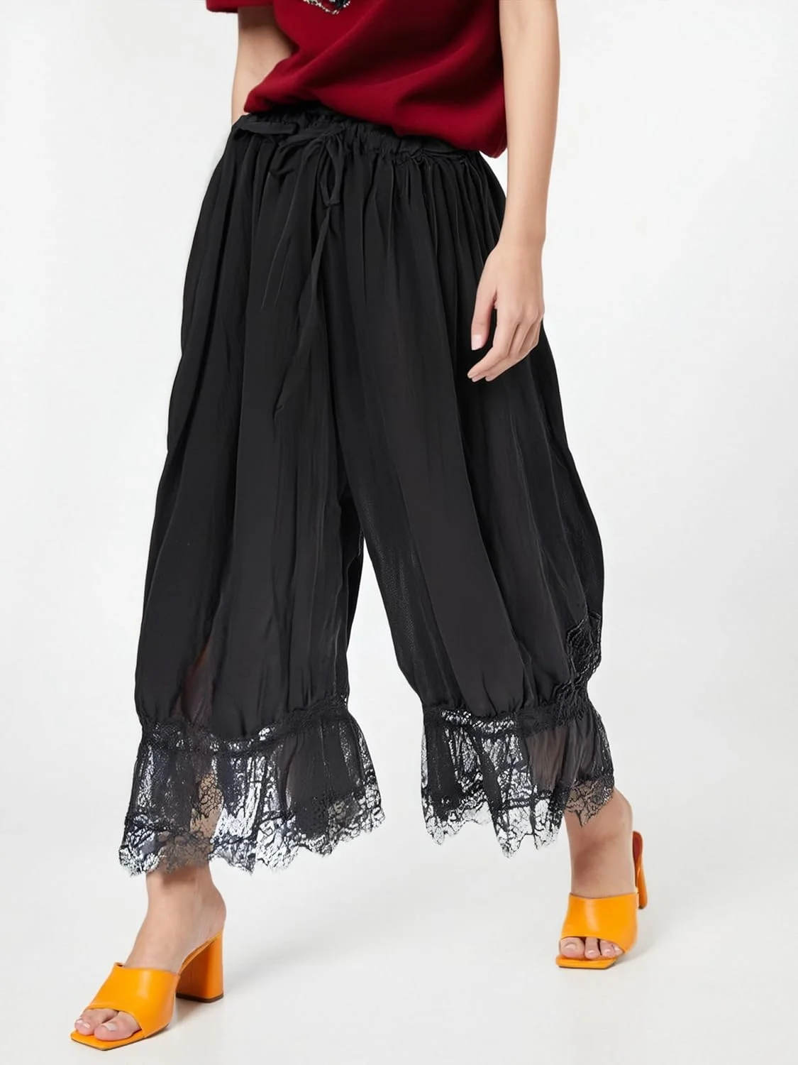 شلوارک توری زنانه، شلوار پفی بلند، کمر کشی، مدل Y2k، شلوار زیر دامنی توری دار، شلوار کدو تنبلی