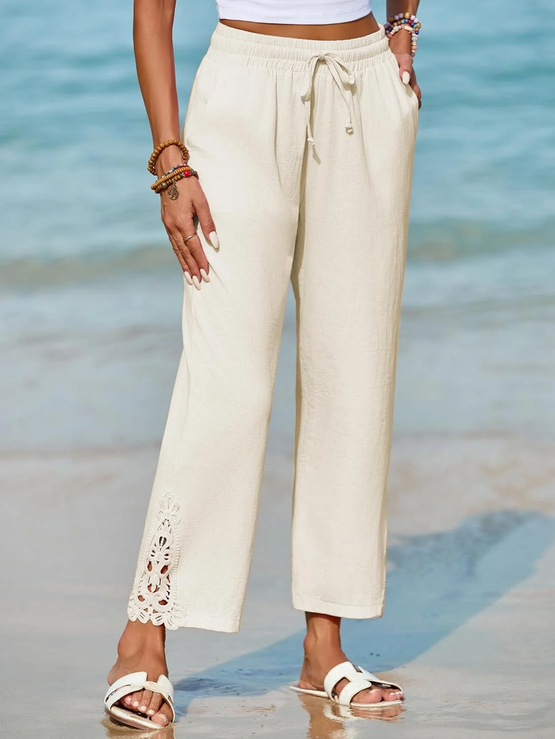 شلوار نخی زنانه Famulily، سبک، راحت، راسته، بند دار، کمر کشی، مناسب ساحل با 4 جیب