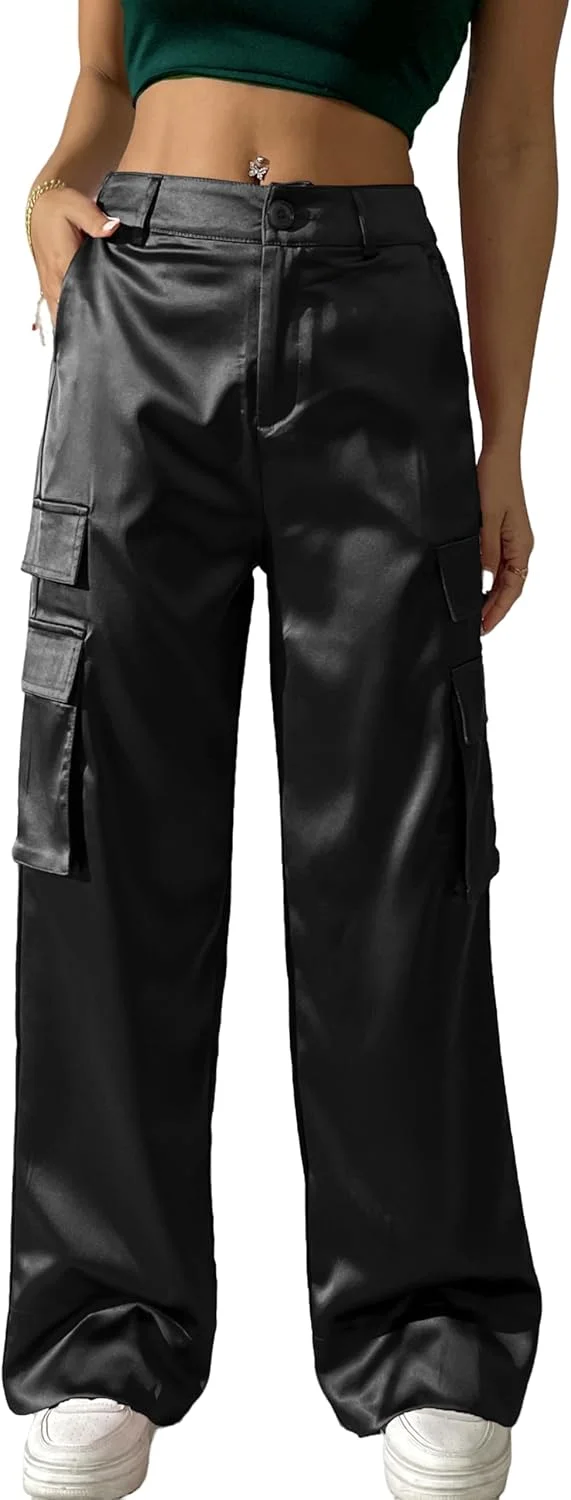 شلوار کارگو زنانه Fakanhui، بگ، ساتن، غیر رسمی، کمر بلند، طلایی/نقره ای، مهمانی، باشگاه، استریت ور