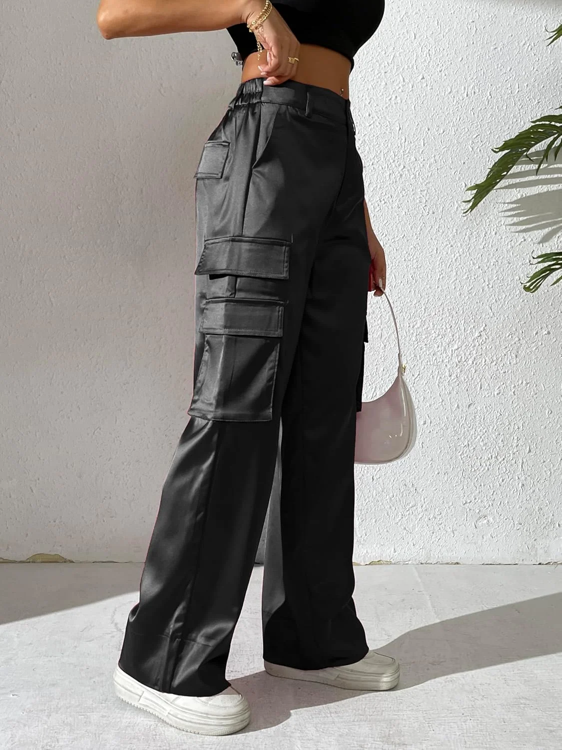 شلوار کارگو زنانه Fakanhui، بگ، ساتن، غیر رسمی، کمر بلند، طلایی/نقره ای، مهمانی، باشگاه، استریت ور