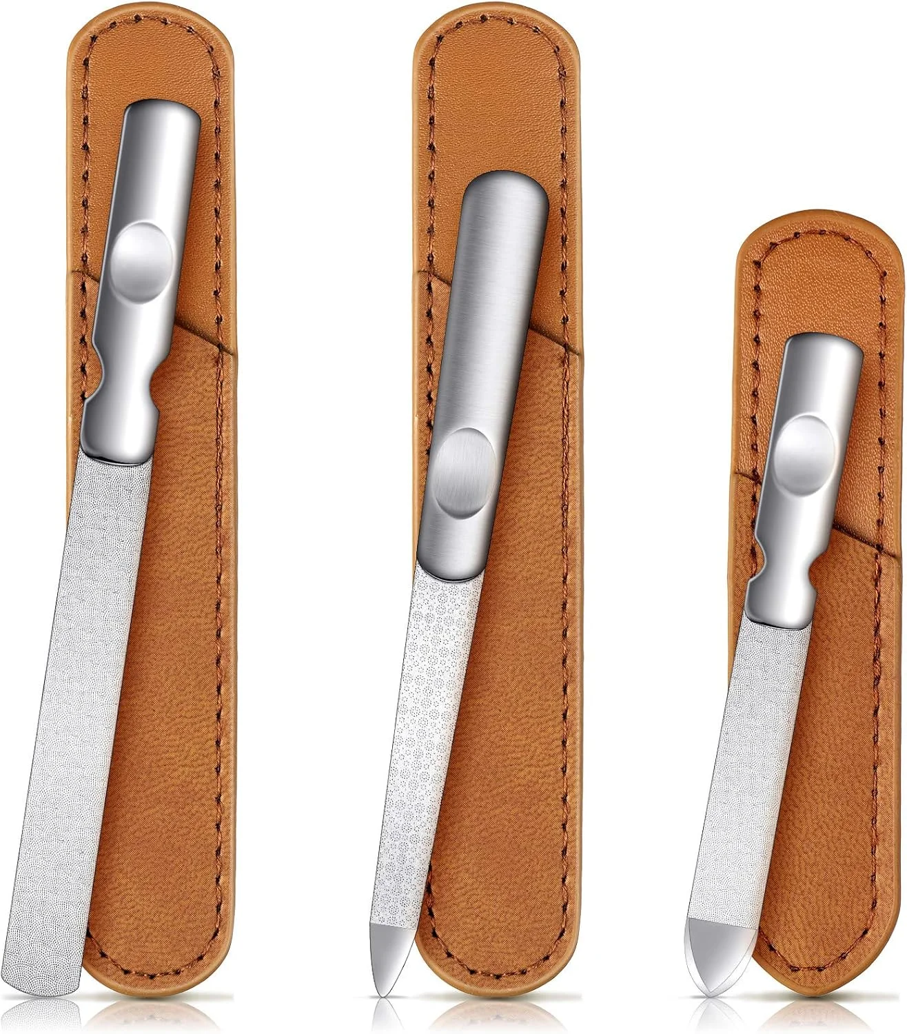 ست سوهان ناخن استیل ضد زنگ، 3 عددی، با کیف چرمی، سوهان ناخن فلزی دو طرفه با دسته ضد لغزش برای زنان و مردان، ابزار مانیکور پدیکور بافر فلزی برای ناخن های دست و پا ست سوهان ناخن استیل ضد زنگ، 3 عددی، با کیف چرمی، سوهان ناخن فلزی دو طرفه با دسته ضد لغزش برای زنان و مردان، ابزار مانیکور پدیکور بافر فلزی برای ناخن های دست و پا