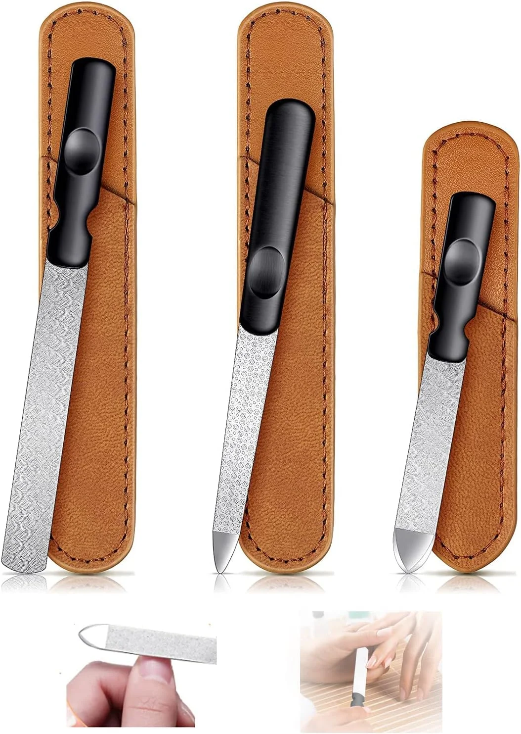 ست 3 عددی سوهان ناخن استیل ضد زنگ با کیف چرمی، سوهان ناخن دو طرفه الماسه با دسته ضد لغزش، ابزار مانیکور پدیکور برای ناخن های دست و پا، ظریف و زبر ست 3 عددی سوهان ناخن استیل ضد زنگ با کیف چرمی، سوهان ناخن دو طرفه الماسه با دسته ضد لغزش، ابزار مانیکور پدیکور برای ناخن های دست و پا، ظریف و زبر