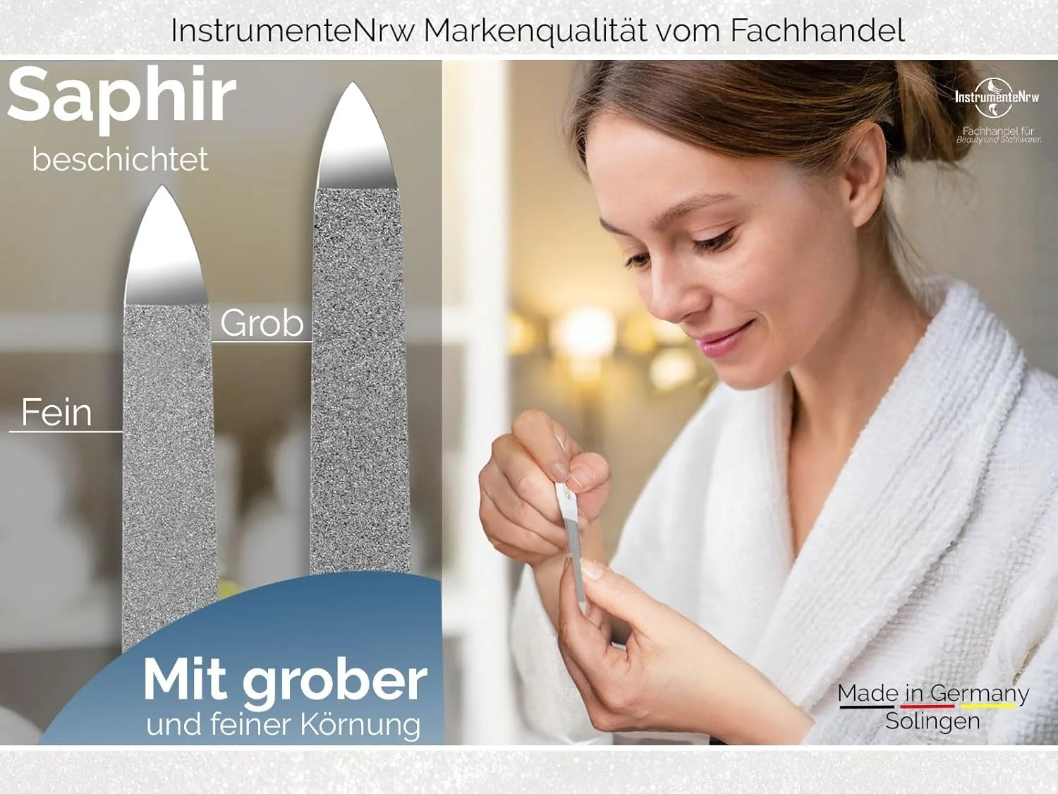 سوهان ناخن سولینگن، سوهان یاقوت کبود ساخت آلمان، سوهان پدیکور با درجه زبری مختلف برای مانیکور، مراقبت از ناخن دست و پا (9.5 سانتی متر، سوهان ناخن سفید)