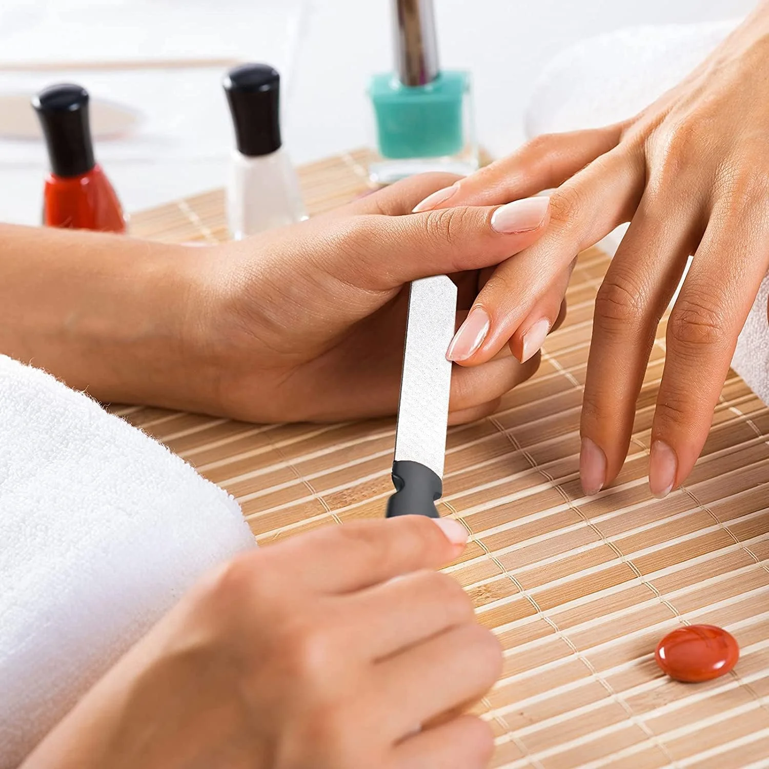 ست 3 عددی سوهان ناخن استیل ضد زنگ با کیف چرمی، سوهان ناخن دو طرفه الماسه با دسته ضد لغزش، ابزار مانیکور پدیکور برای ناخن های دست و پا، ظریف و زبر