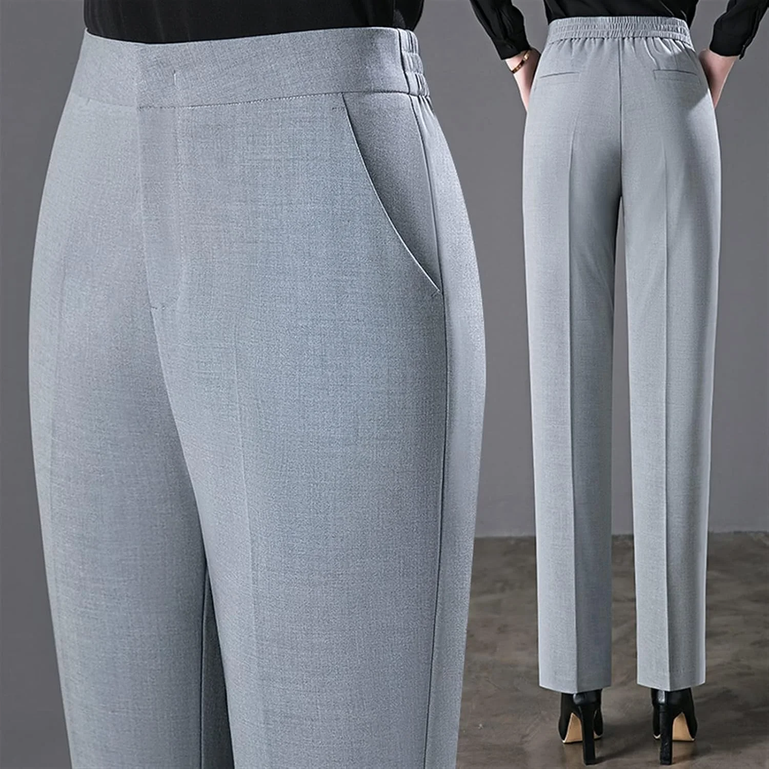 شلوار زنانه GIFYY، شلوار اداری کمر کشی زنانه، شلوار راسته رسمی، شلوار کمر بلند غیر رسمی، شلوار پایینی مناسب (رنگ: خاکستری، سایز: L)
