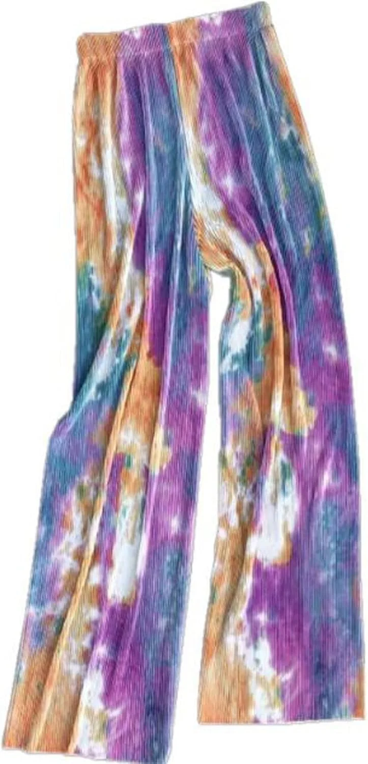 GIFYY شلوار زنانه، شلوار مد روز پاچه گشاد، کمر بلند، طرح رنگارنگ تایلندی، شلوار بلند پلیسه دار، گشاد و راحت، قد کامل