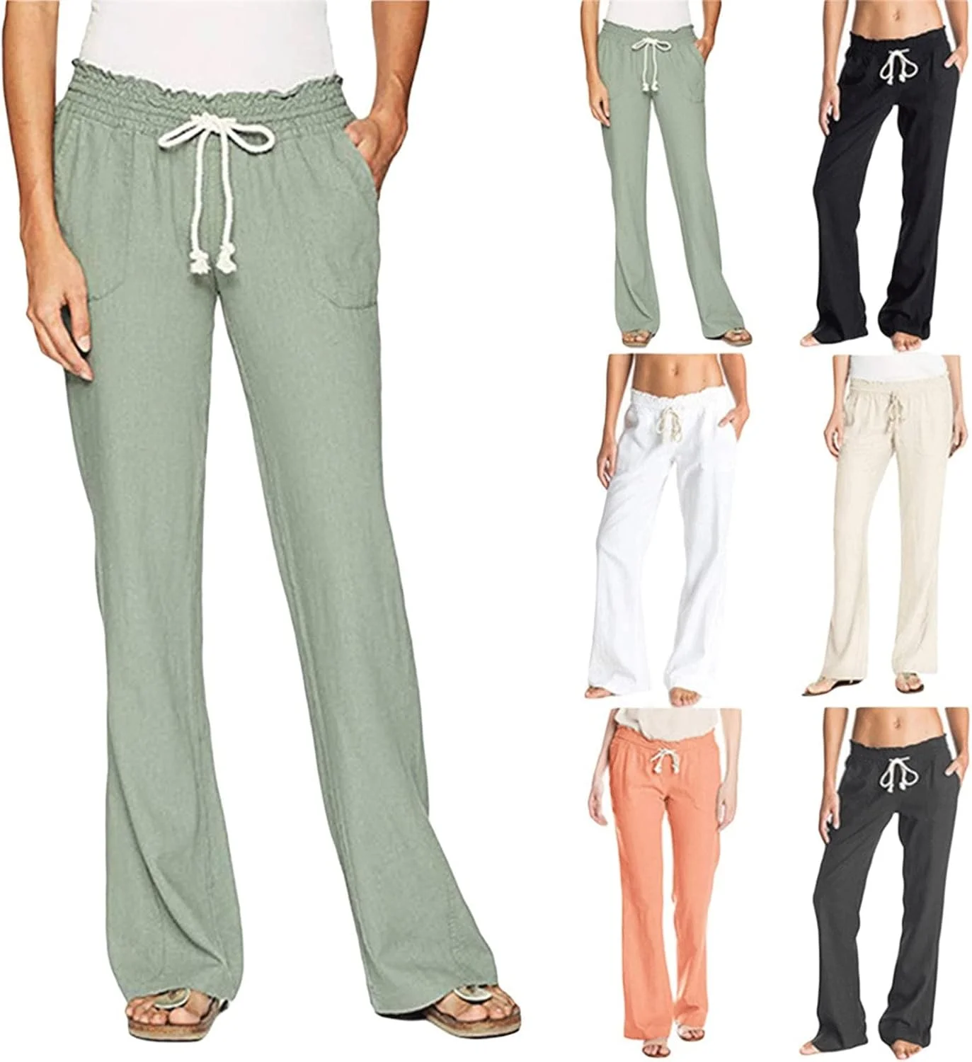 شلوار زنانه GIFYY، شلوار نخی و کتان نرم زنانه، شلوار گشاد و راحت تابستانی، رنگ ثابت، دارای بند و جیب (رنگ: Hortelã، سایز: XXXL)
