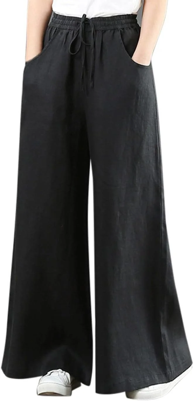 شلوار لینن گشاد زنانه GERRIT، شلوار لینن کوتاه زنانه سایز بزرگ، شلوار ساحلی گشاد و کمر بلند (مشکی، M)