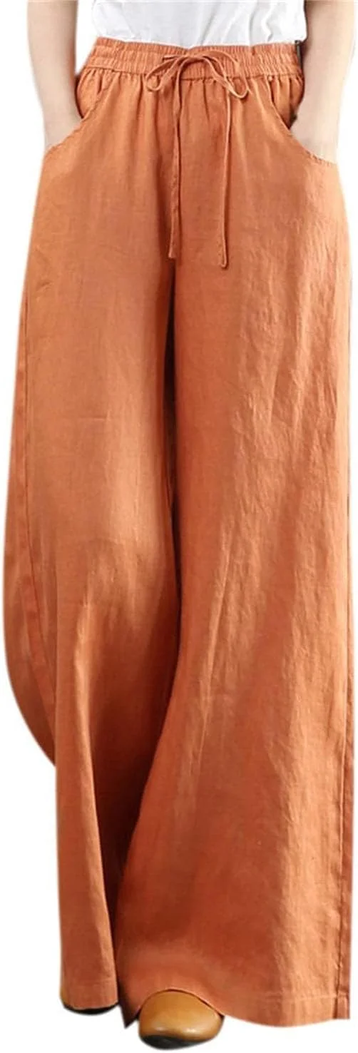 شلوار لینن گشاد زنانه GERRIT، شلوار لینن کوتاه زنانه سایز بزرگ، شلوار ساحلی گشاد و کوتاه کمر بلند (نارنجی، XL)