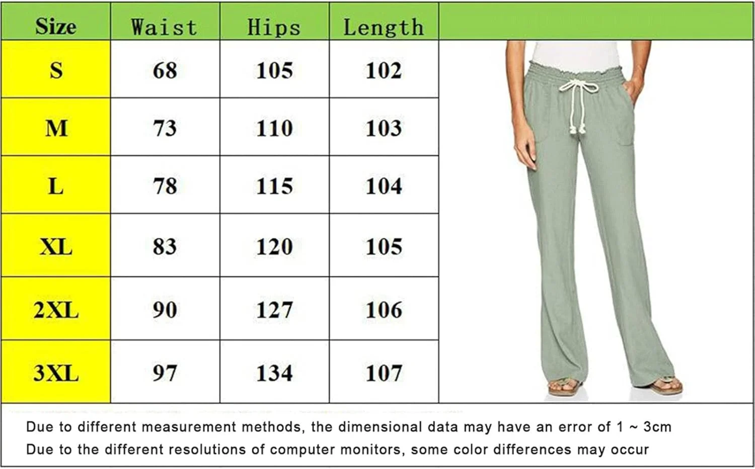 شلوار زنانه GIFYY، شلوار نخی و کتان نرم زنانه، شلوار گشاد و راحت تابستانی، رنگ ثابت، دارای بند و جیب (رنگ: Hortelã، سایز: XXXL)
