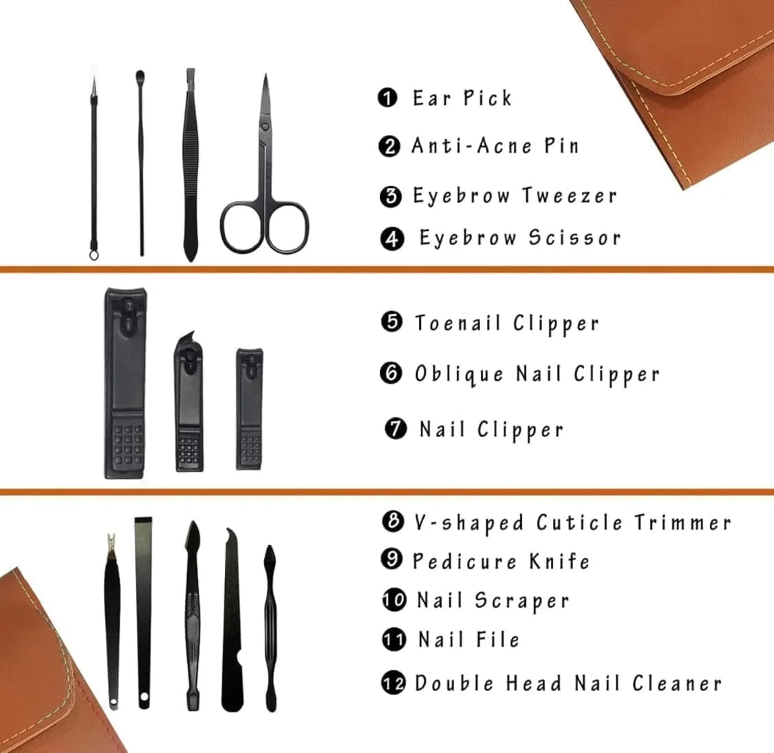 ست مانیکور و پدیکور 12 تکه برای صورت، دست و پا - کیت مراقبت از ناخن قابل حمل با کیف چرمی قهوه ای، برای مسافرت و هدیه