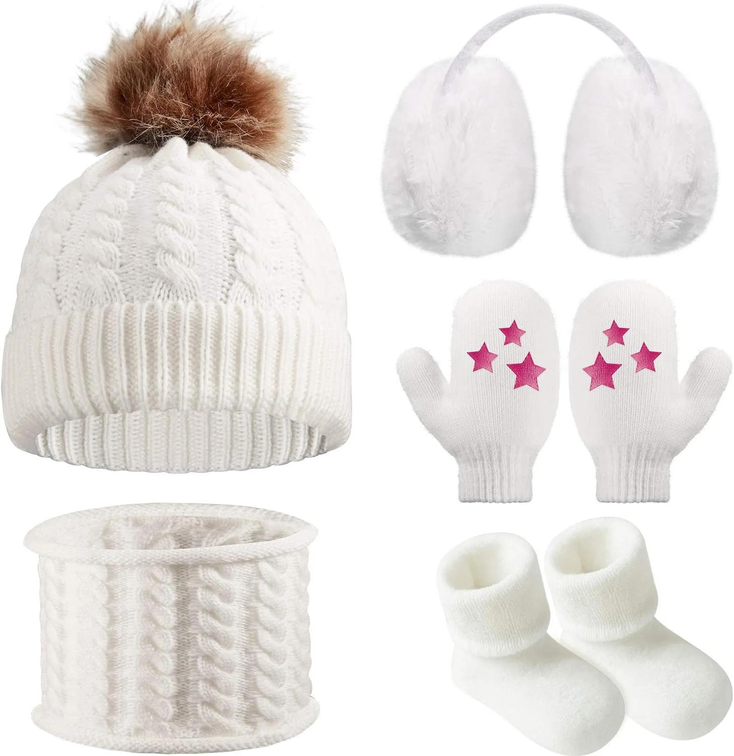 ست 5 تکه زمستانی نوزاد شامل کلاه بافتنی، شال گردن، گوش گیر، دستکش و جوراب