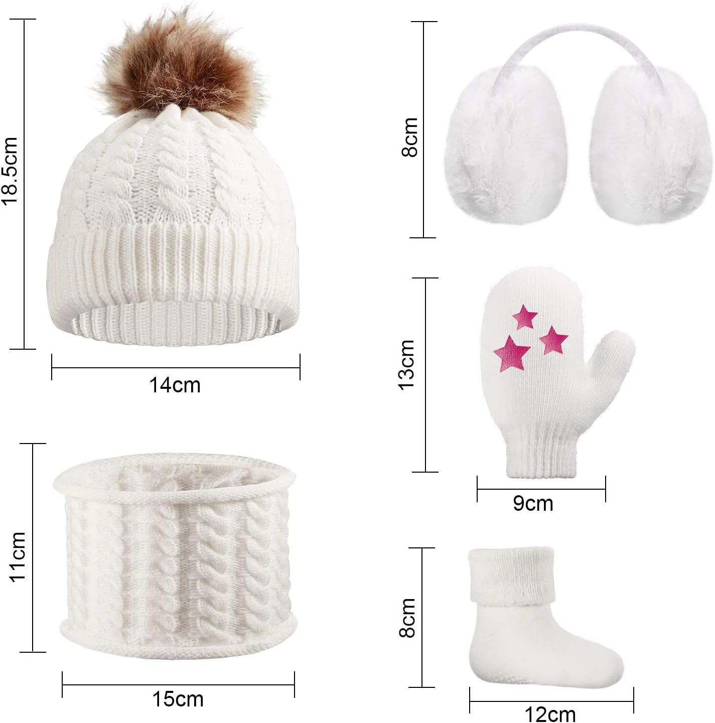 ست 5 تکه زمستانی نوزاد شامل کلاه بافتنی، شال گردن، گوش گیر، دستکش و جوراب