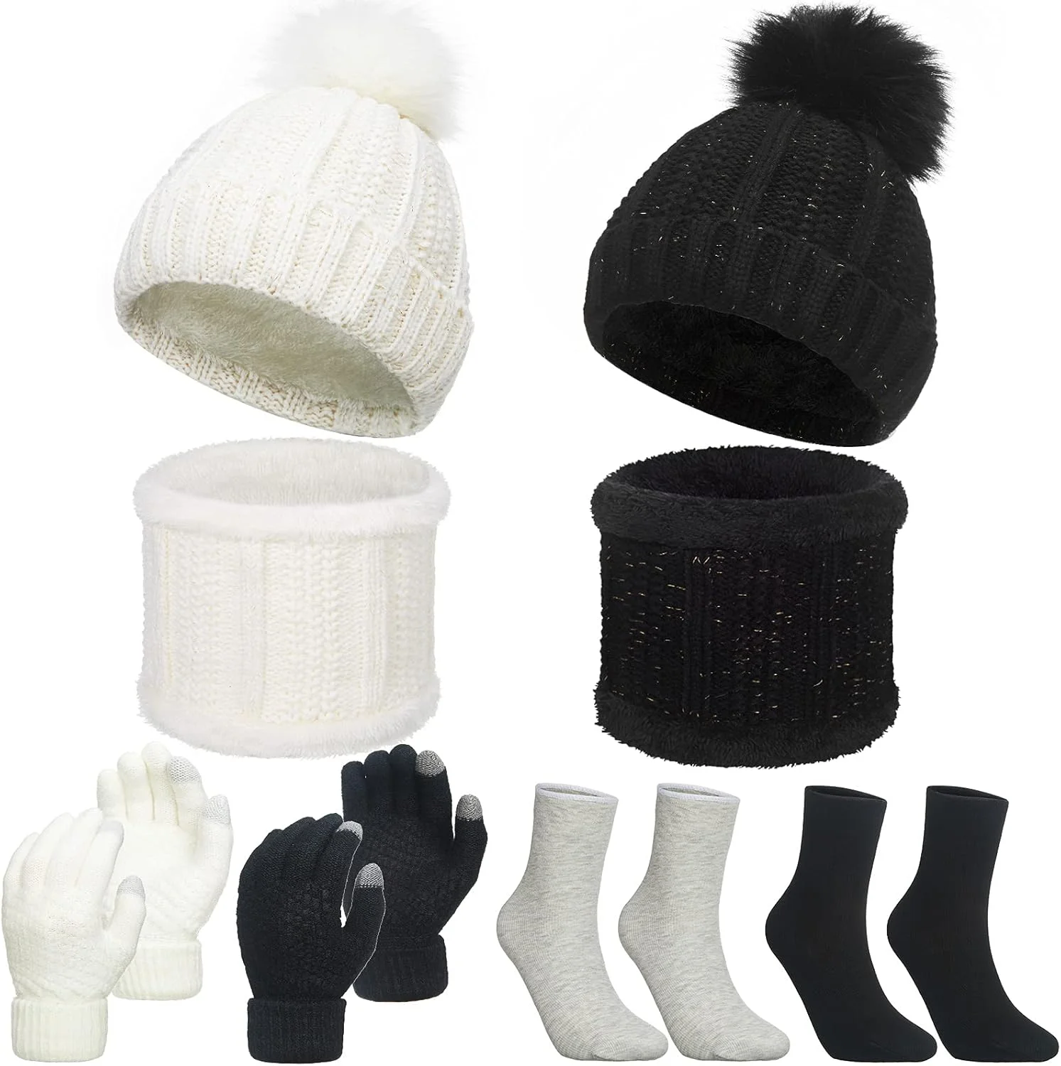 ست 8 تکه کلاه بافتنی زمستانی زنانه، کلاه اسکی گرم، شال گردن، دستکش های لمسی بافتنی و جوراب