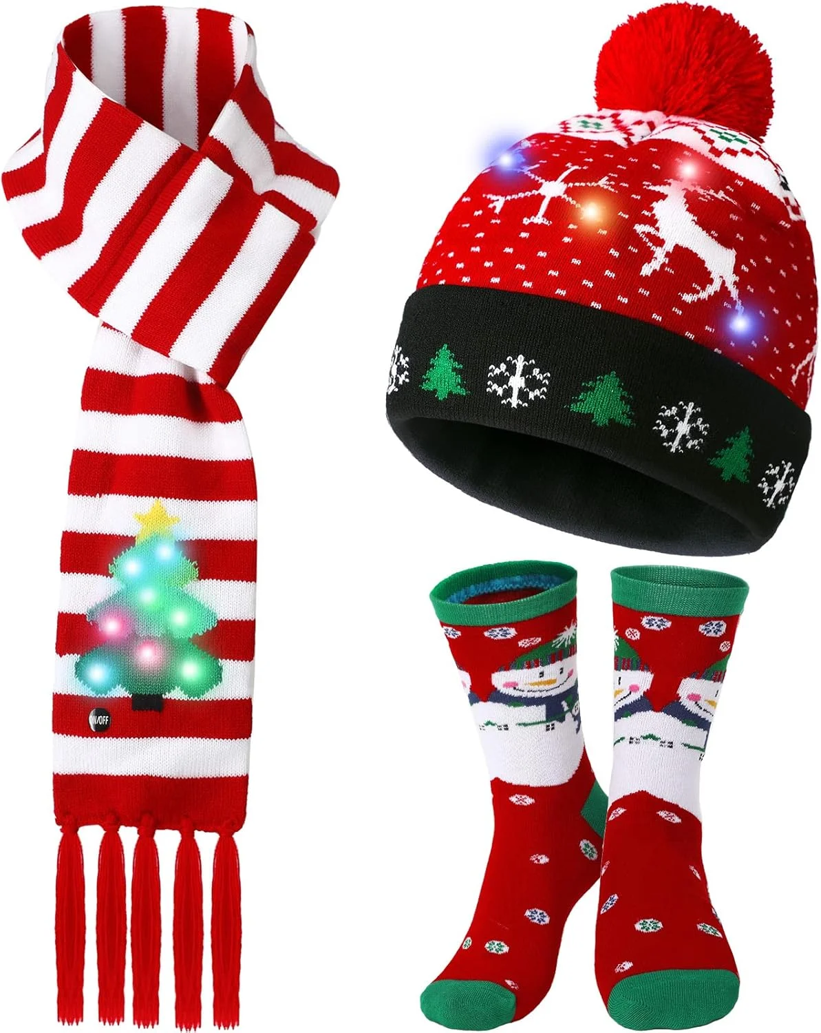 کلاه زمستانی LED کریسمس SATINIOR، شال گردن با طرح کریسمس، جوراب ساق بلند برای زنان، مردان و نوجوانان، هدیه
