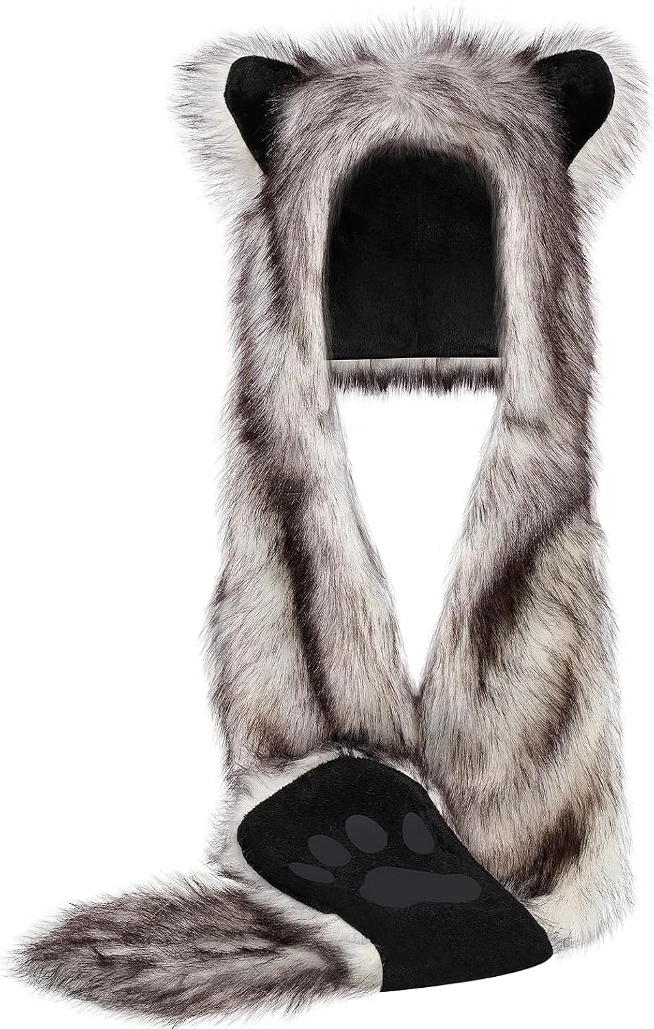 کلاه خزدار طرح گرگ، کلاه، دستکش، شال گردن، پنجه و گوش گرگ