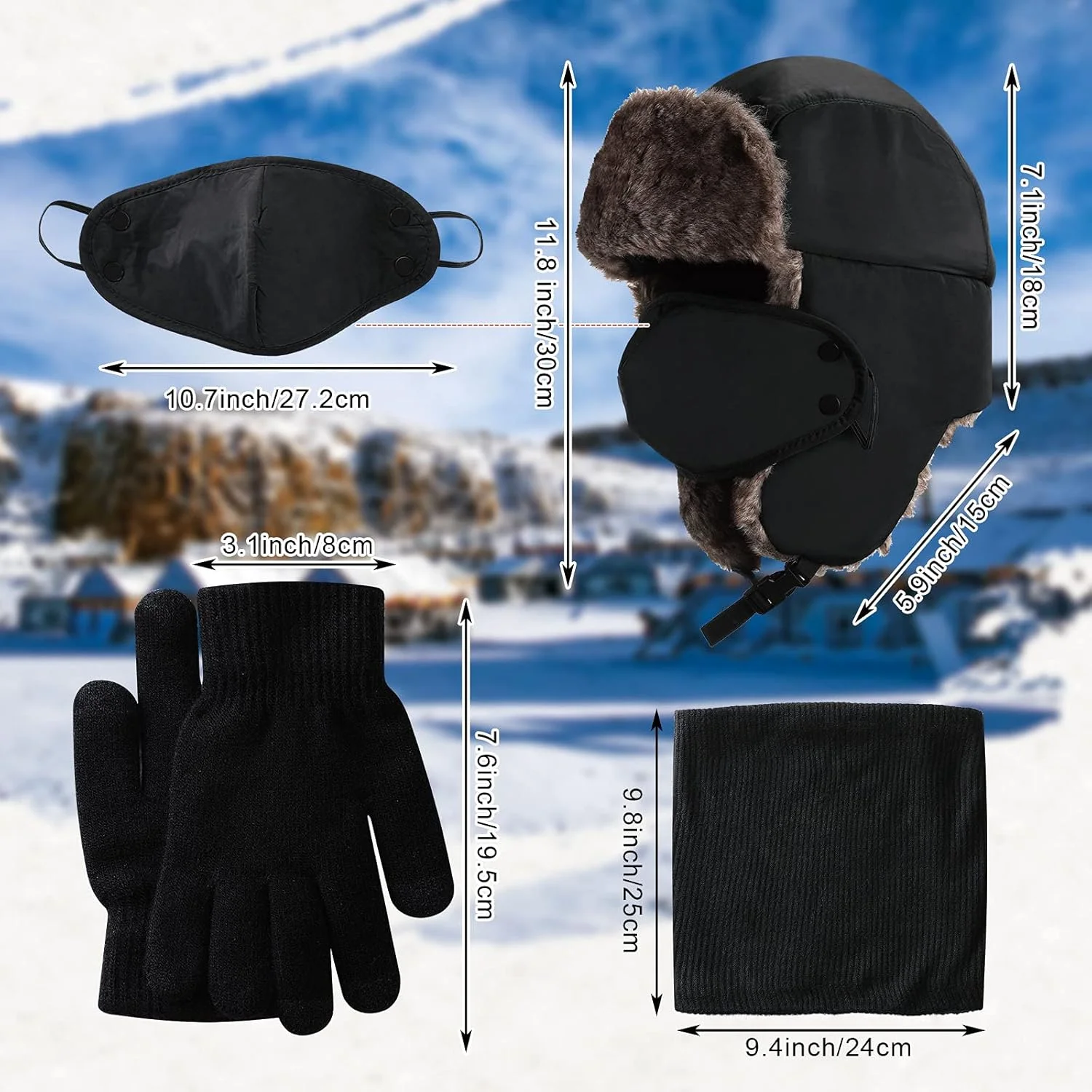 ست 3 تکه کلاه خزدار، کلاه زمستانی، گرمکن گردن پشمی ضد باد و ضد آب، شال گردن و دستکش های بافتنی گرم زمستانی با قابلیت استفاده از صفحه لمسی